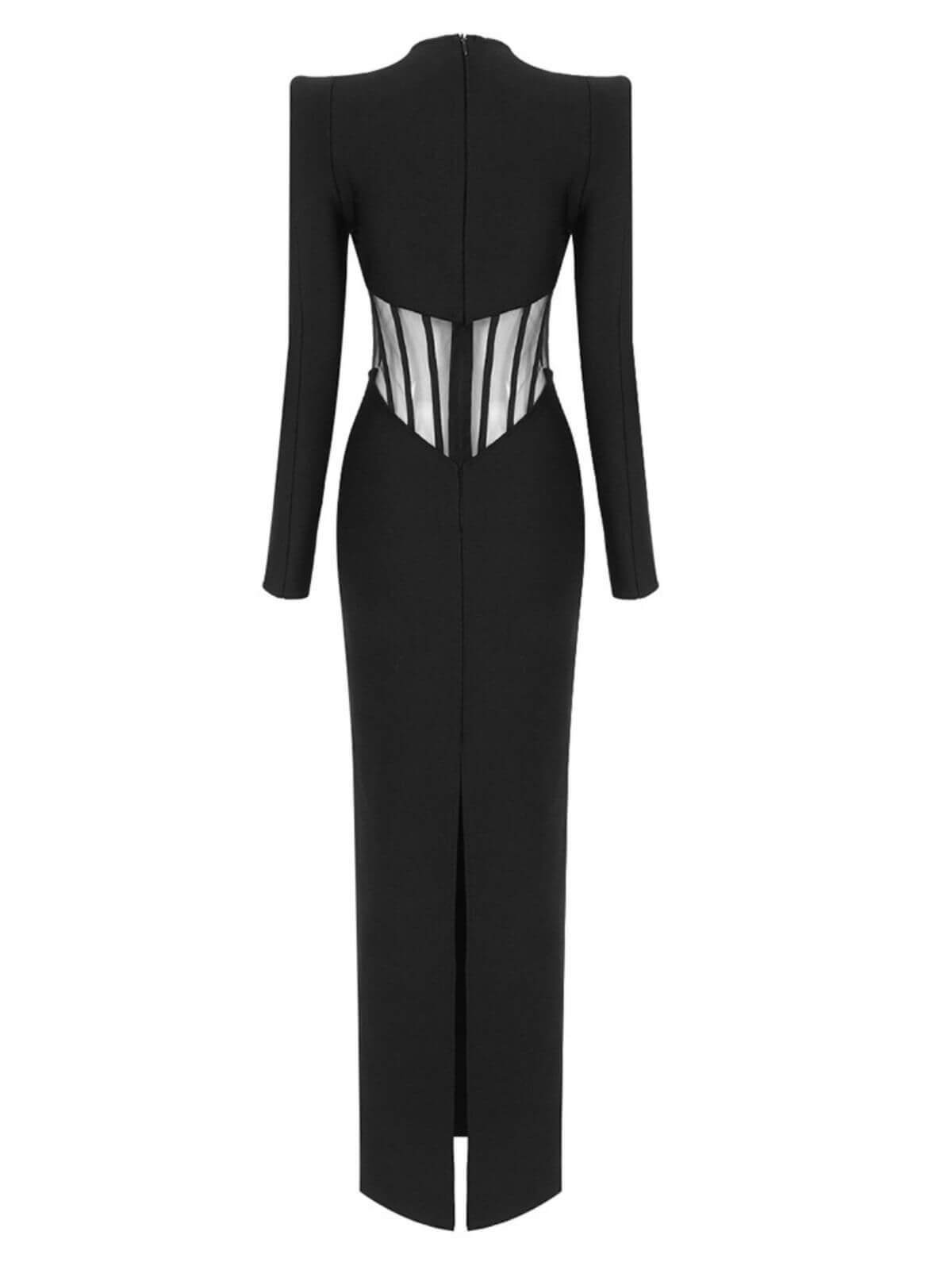 Long Sleeve Keyhole Cut Out Mesh Corset Panel Bandage Maxi Gown - View 8