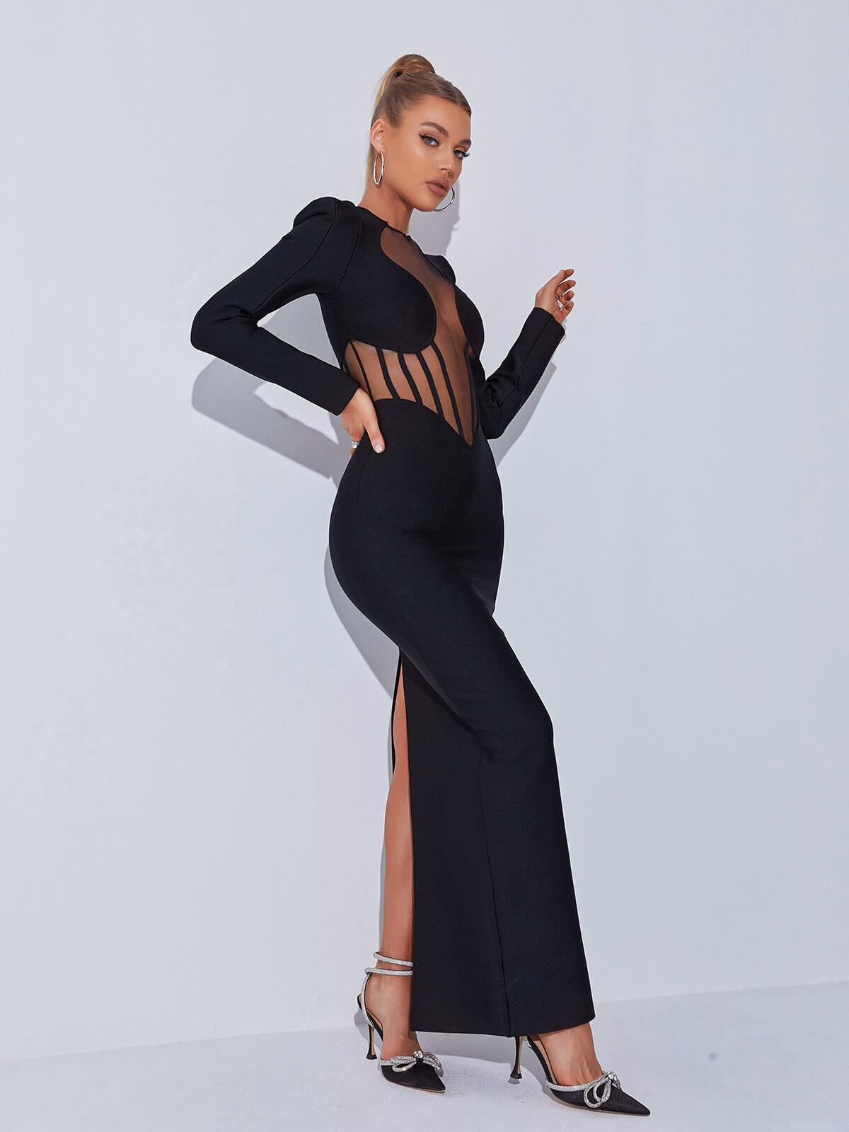 Long Sleeve Keyhole Cut Out Mesh Corset Panel Bandage Maxi Gown - View 4