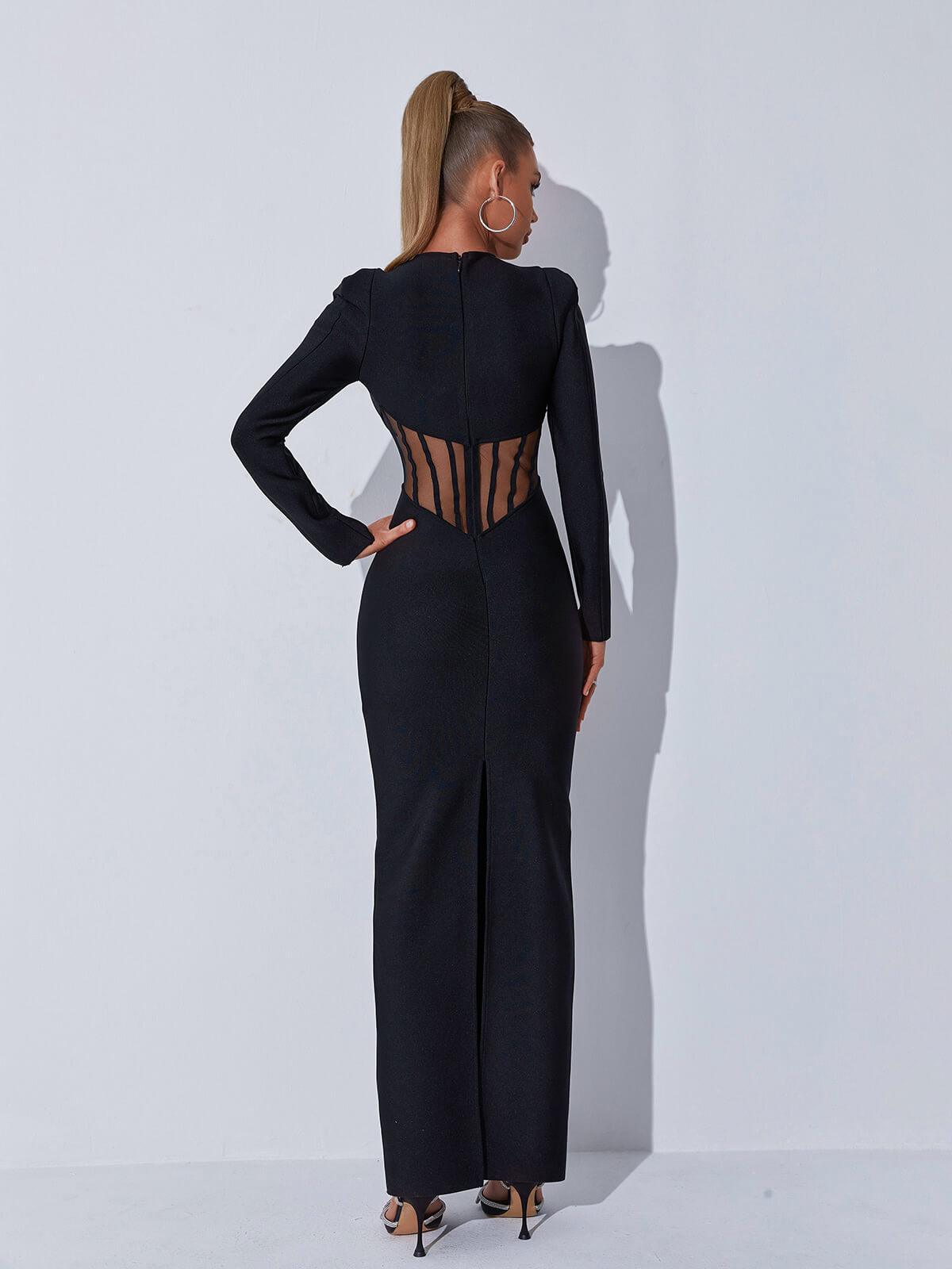 Long Sleeve Keyhole Cut Out Mesh Corset Panel Bandage Maxi Gown - View 5