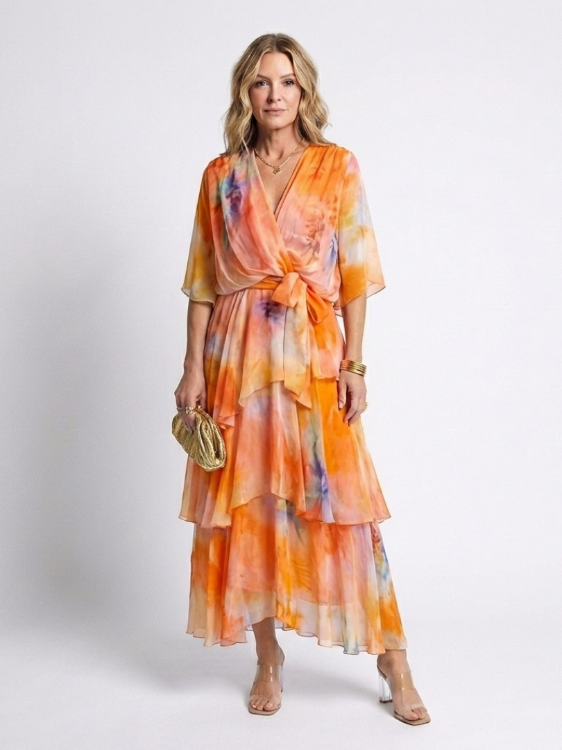 Floral Print V-Neck Flutter Sleeve Tiered Chiffon Maxi Dress 7