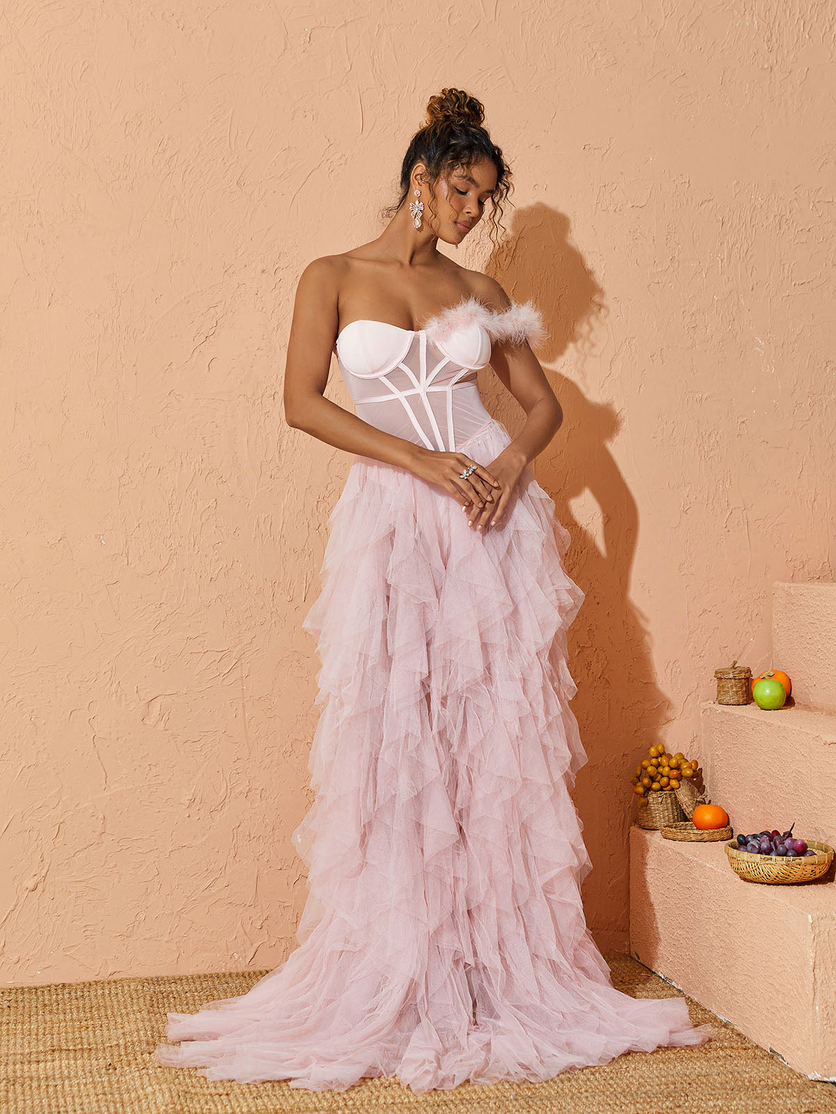 Titania One Shoulder Tulle Maxi Dress In Blush - View 3