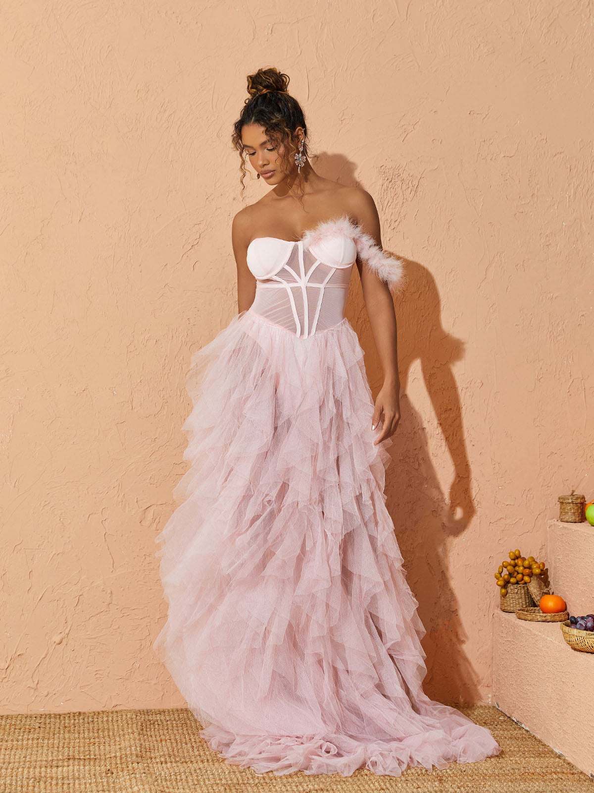 Titania One Shoulder Tulle Maxi Dress In Blush - View 2