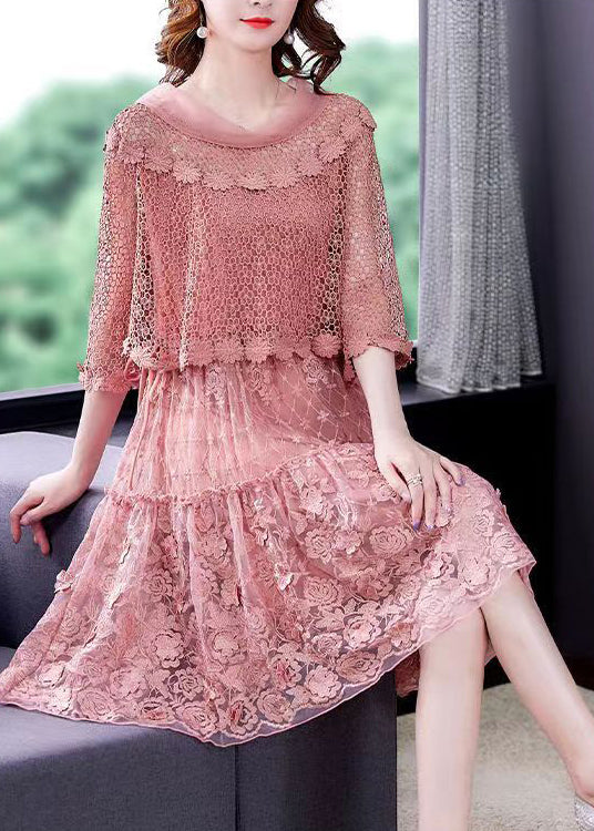 Pink O-Neck Ruffled Patchwork Lace Dress Half Sleeve - View 2