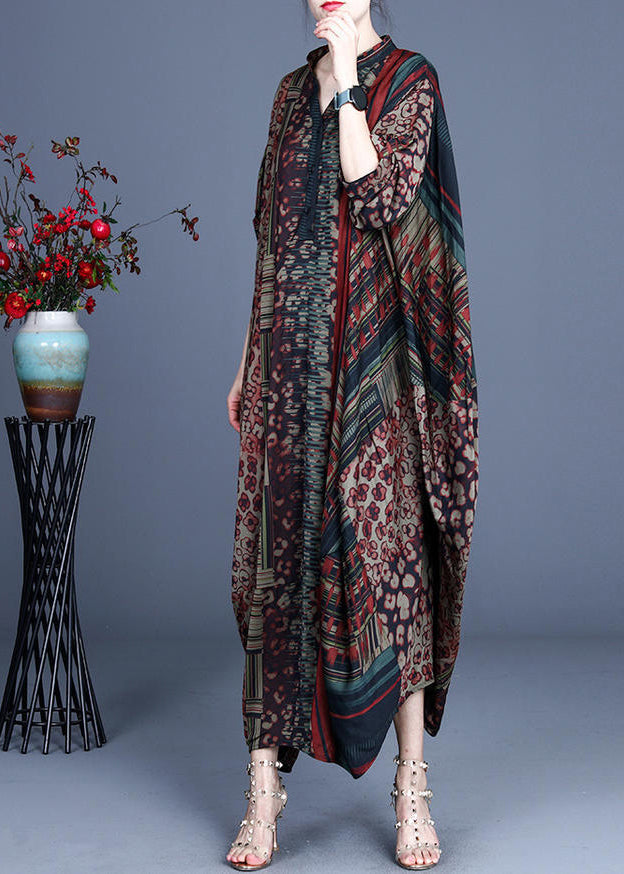 Patchwork Animal Print V-Neck Mandarin Collar Pocket Maxi Dress - View 2