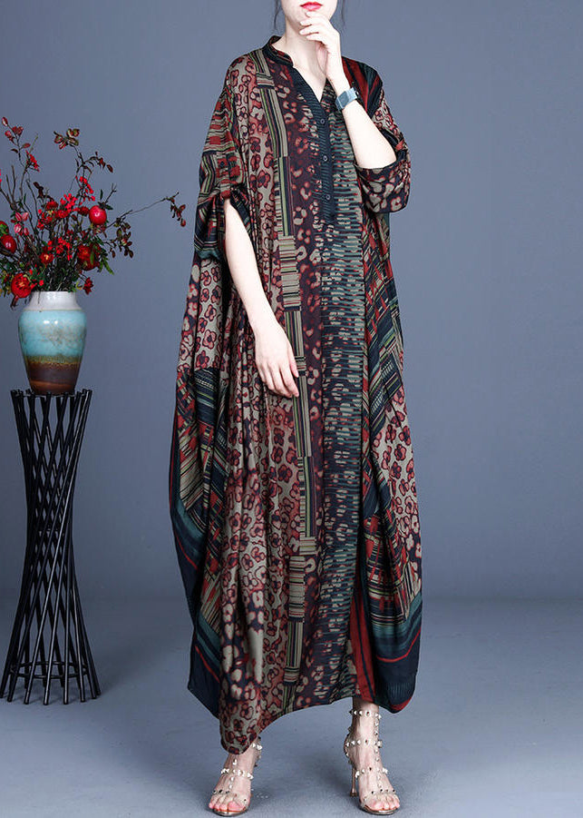 Patchwork Animal Print V-Neck Mandarin Collar Pocket Maxi Dress - View 3