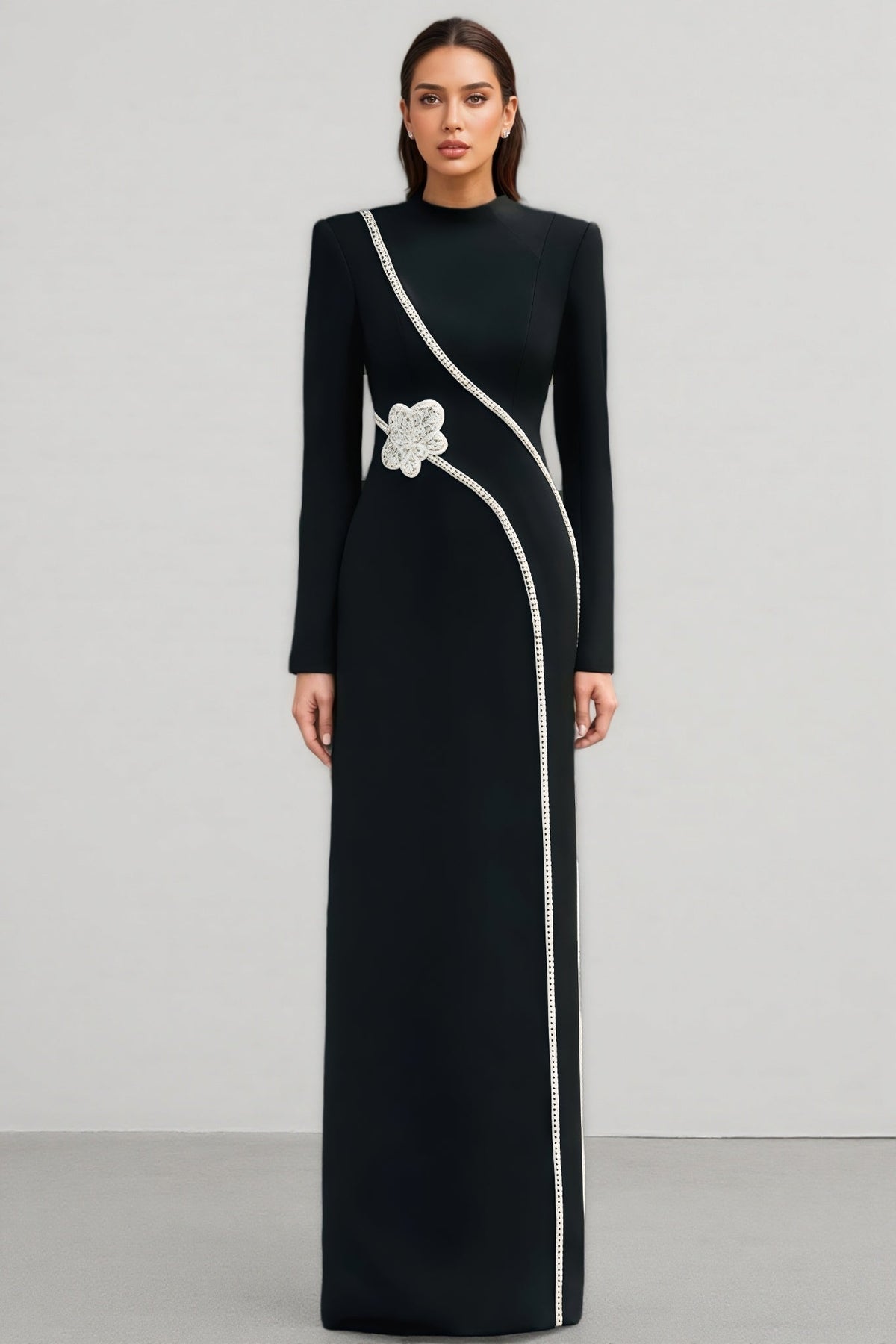 Rhinestone Trim High Neck Long Sleeve Cut Out Column Maxi Gown