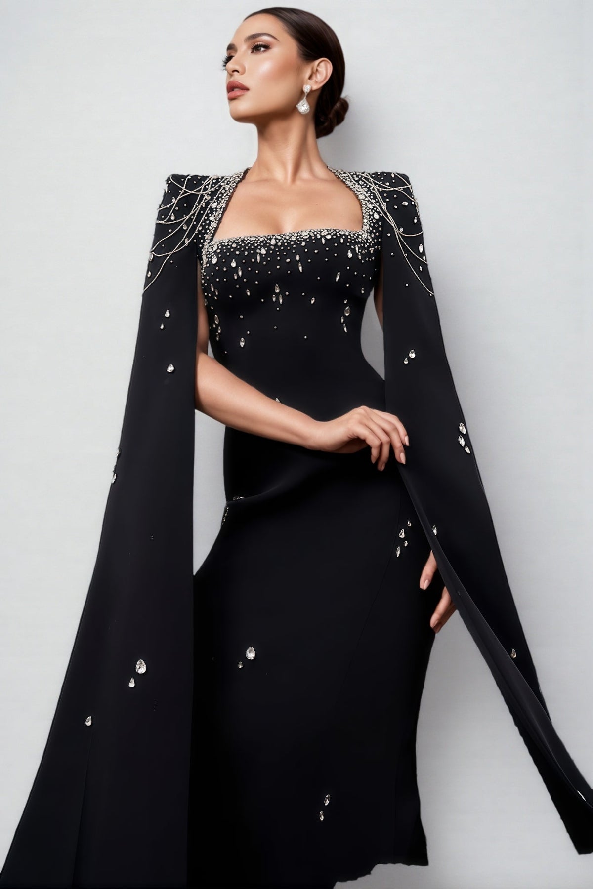 Rhinestone Beaded Chain Cape Sleeve Square Neck Column Maxi Gown - View 3