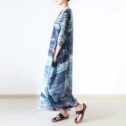 Landscape Print Scoop Neck Elbow Sleeve Pocket Kaftan Maxi Dress - View 3