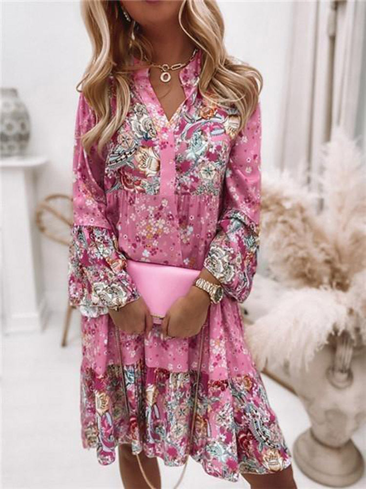 V-Neck Mandarin Collar Tiered Bell Sleeve Long Sleeve Midi Dress