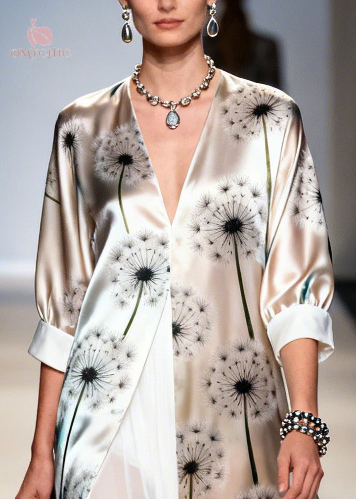Faux Two-Piece Dandelion Print Deep V-Neck Open Front Maxi Dress - View 2