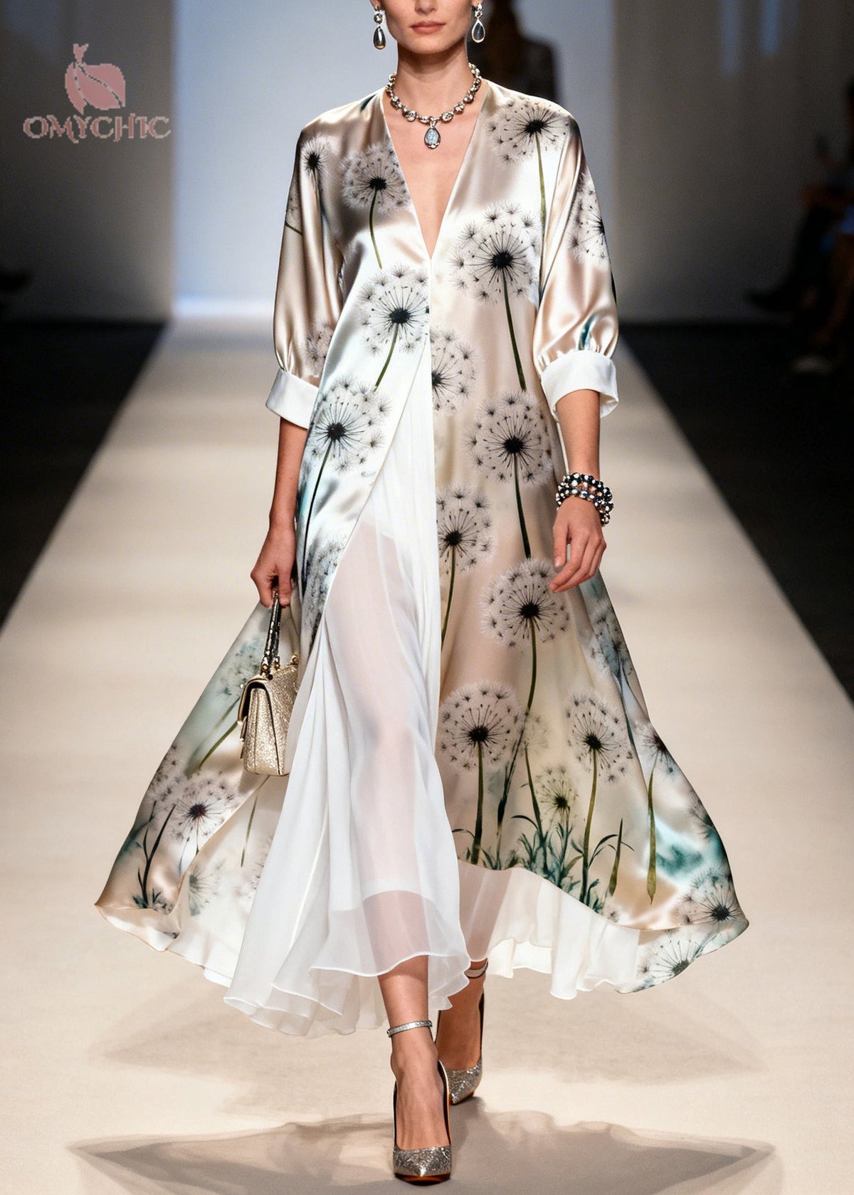 Faux Two-Piece Dandelion Print Deep V-Neck Open Front Maxi Dress - View 5