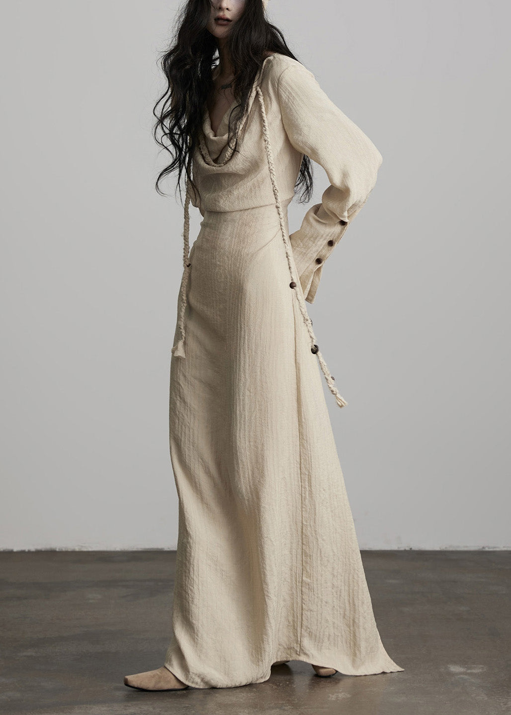 Unique Beige Button Lace Up Cotton Maxi Dress Fall - View 2