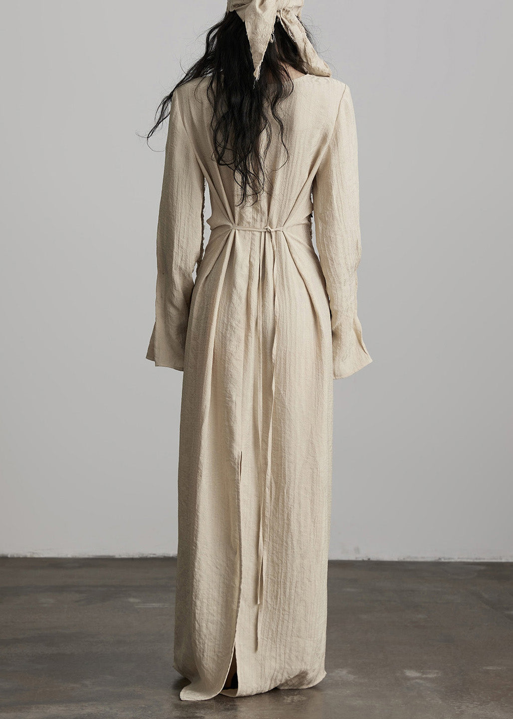 Unique Beige Button Lace Up Cotton Maxi Dress Fall - View 4