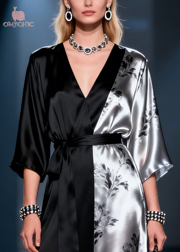 Satin Wrap Deep V-Neck Kimono Sleeve Tie Belt Sheer Hem Maxi Gown - View 2