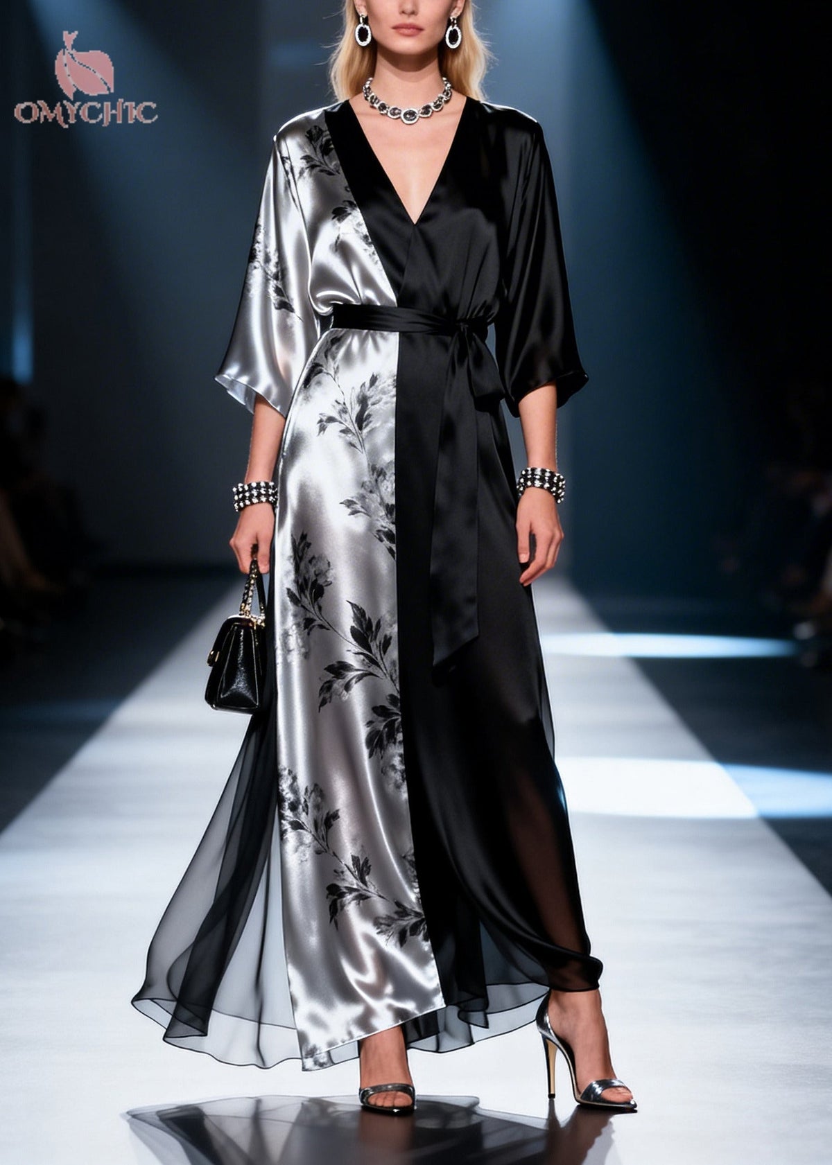 Satin Wrap Deep V-Neck Kimono Sleeve Tie Belt Sheer Hem Maxi Gown - View 3