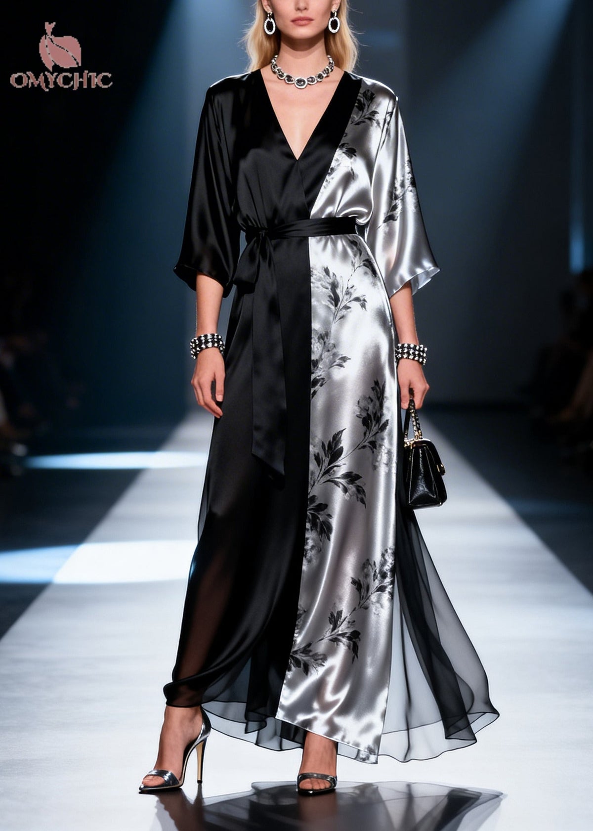 Satin Wrap Deep V-Neck Kimono Sleeve Tie Belt Sheer Hem Maxi Gown - View 5