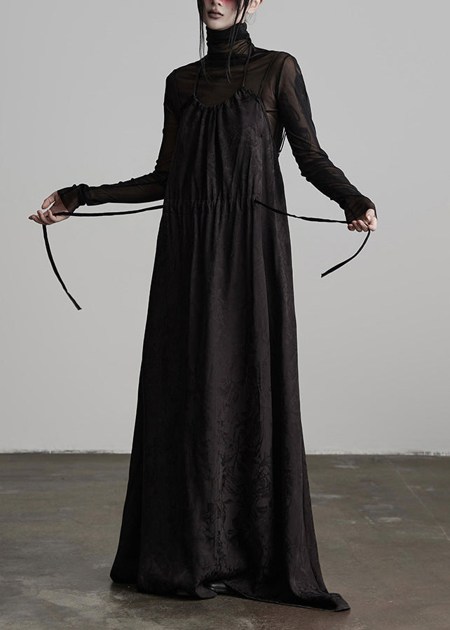 Unique Black Embroidered Lace Up Silk Spaghetti Strap Dress Fall - View 2