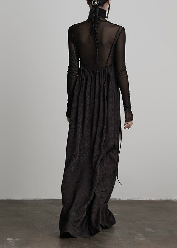 Unique Black Embroidered Lace Up Silk Spaghetti Strap Dress Fall - View 5