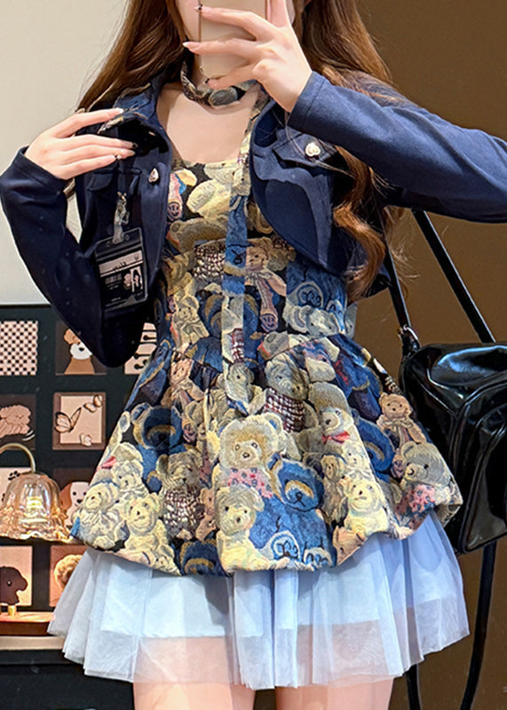 Teddy Bear Jacquard Tulle Ruffle Dress Cropped Jacket Two Piece Set - View 4