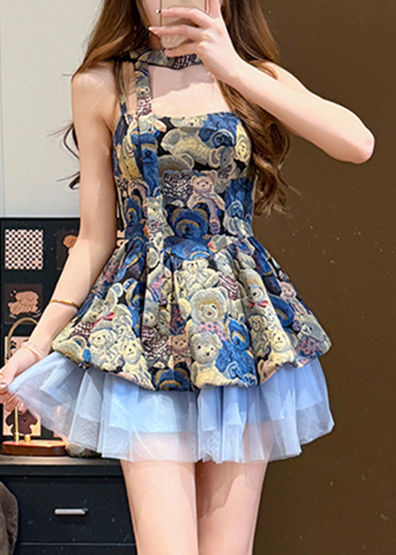 Teddy Bear Jacquard Tulle Ruffle Dress Cropped Jacket Two Piece Set - View 5