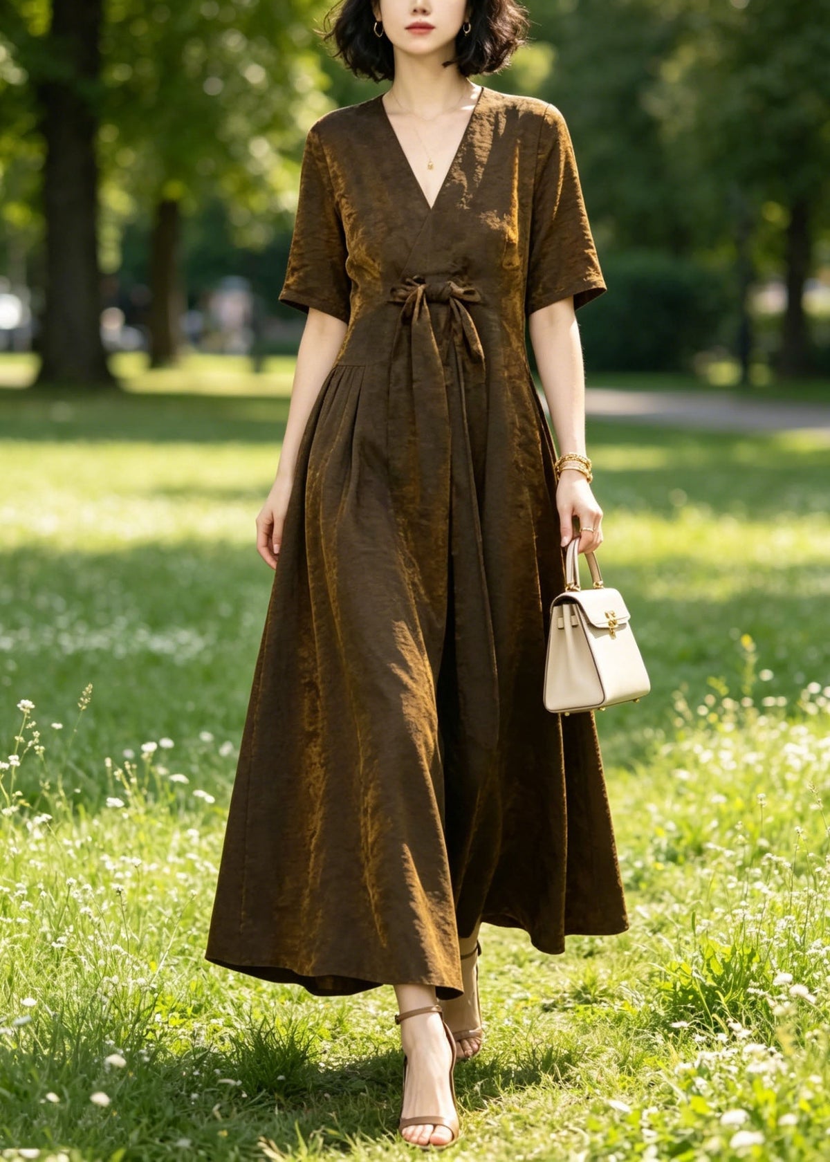 Satin Crinkle Texture Deep V-Neck Tie Bow A-Line Maxi Dress - View 3