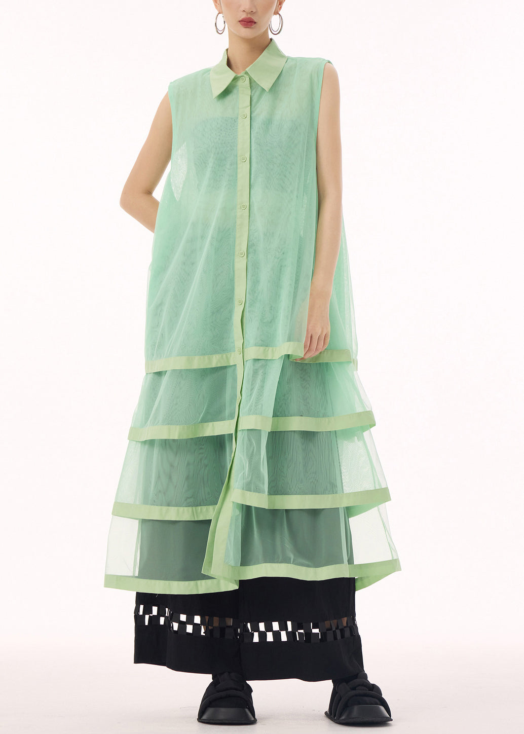 Unique Green Peter Pan Collar Tulle Patchwork Cotton Maxi Dresses Summer - View 2