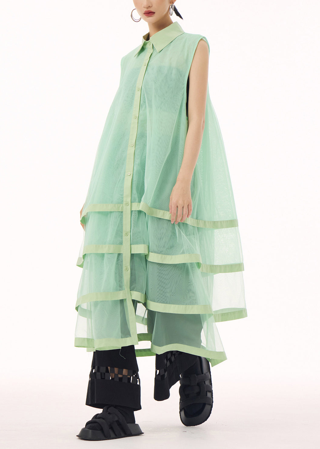 Unique Green Peter Pan Collar Tulle Patchwork Cotton Maxi Dresses Summer - View 3