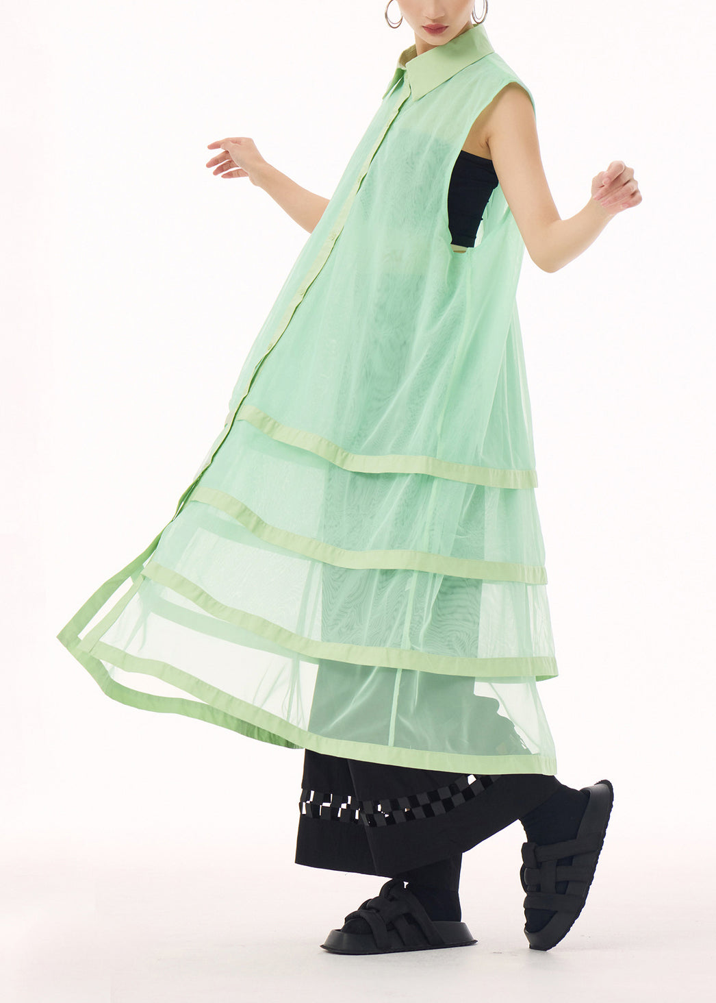 Unique Green Peter Pan Collar Tulle Patchwork Cotton Maxi Dresses Summer - View 4
