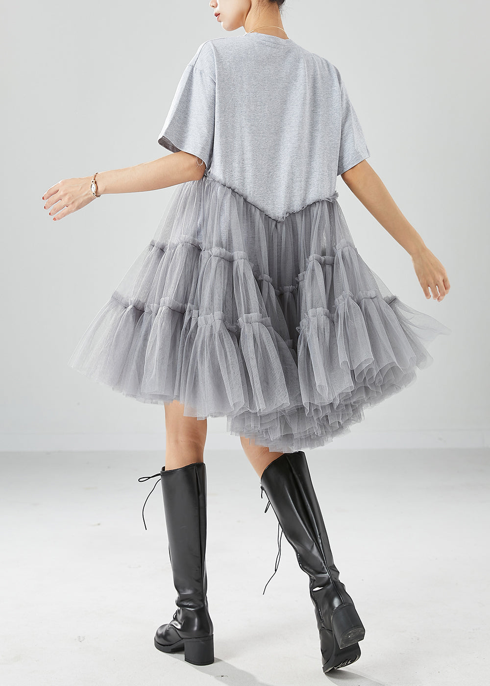 Short Sleeve Crew Neck Beaded Graphic Patch Tiered Tulle Mini Dress - View 4