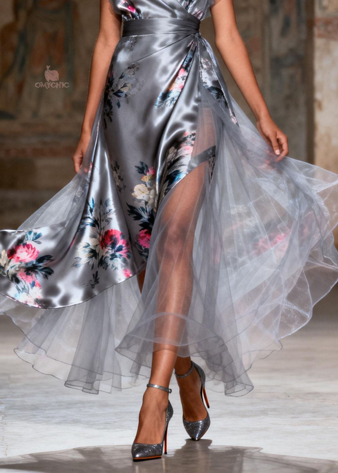 Floral Print Wrap V-Neck Flutter Sleeve High Split Maxi Gown - View 4