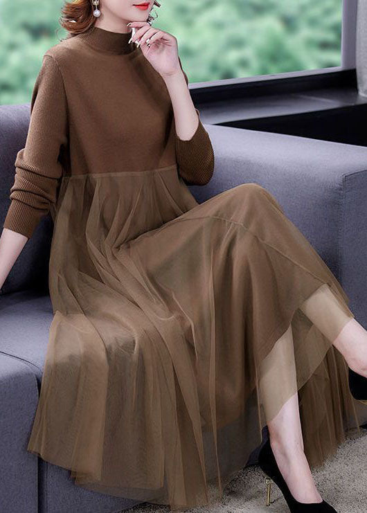 Unique Khaki Stand Collar Tulle Patchwork Knit Long Dress Long Sleeve - View 3