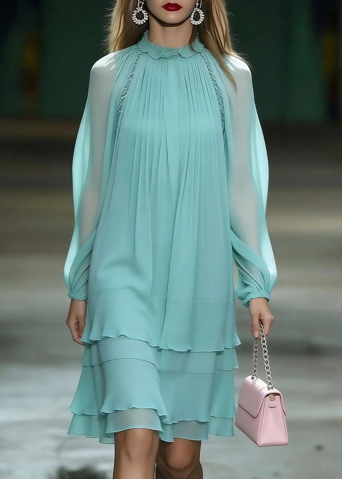 Chiffon Ruffle Collar Tiered Ruffle Long Sleeve Knee Length Dress - View 5