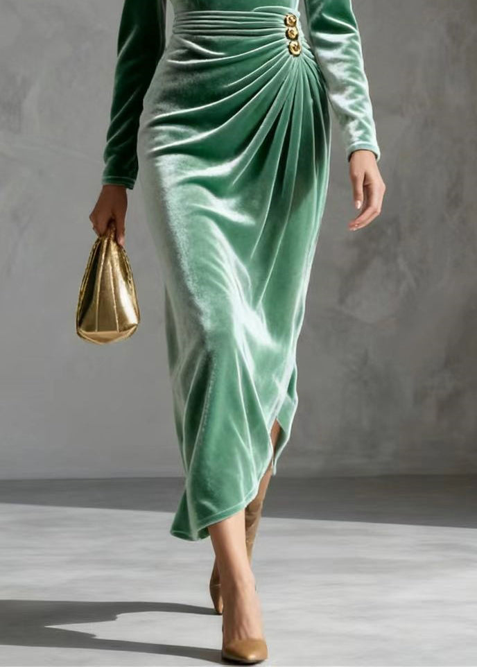 Velvet Cowl Neck Long Sleeve Ruched Wrap High Split Midi Dress - View 4