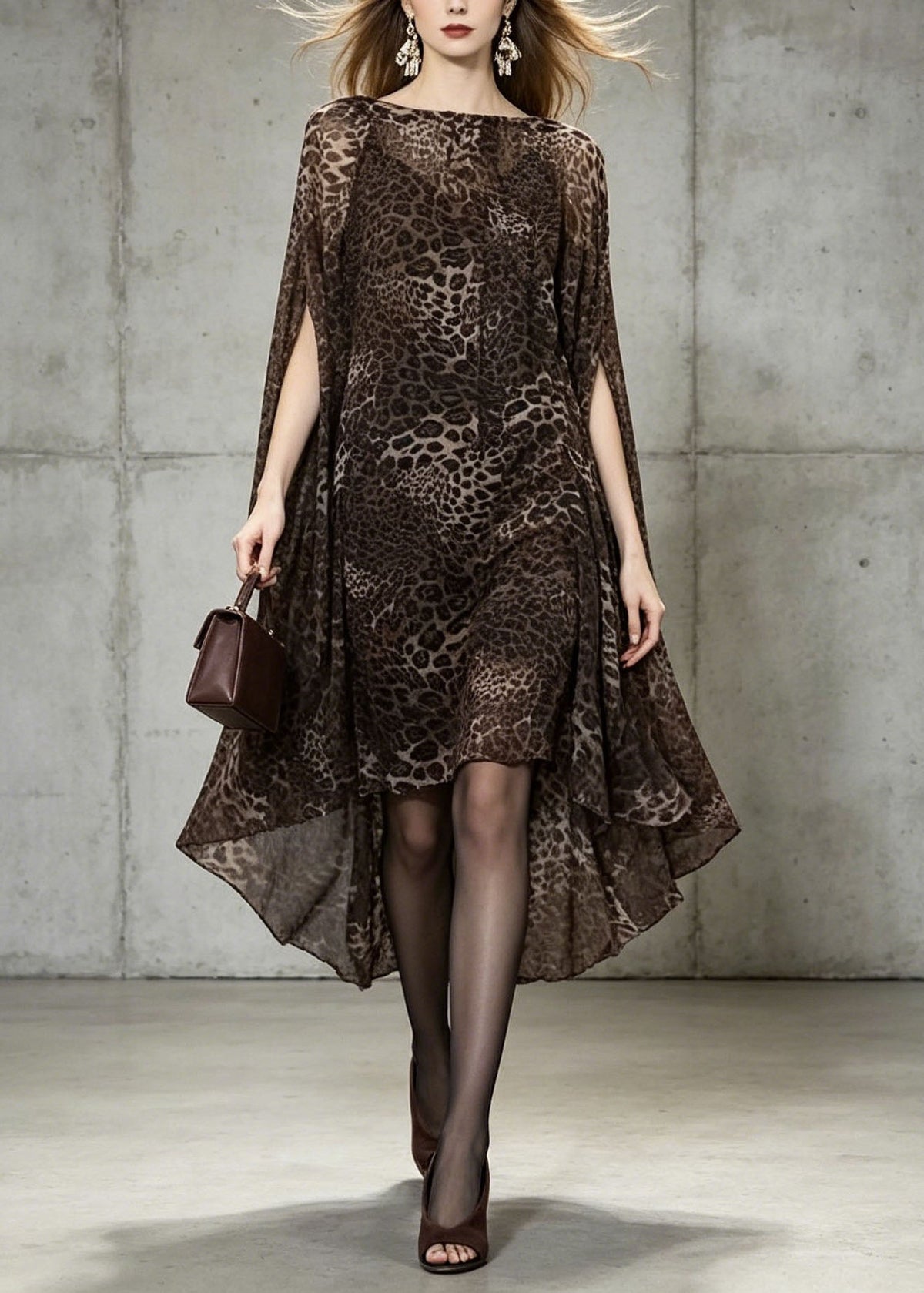 Chiffon Animal Print Boat Neck Cape Sleeve High Low Hem Cocktail Dress - View 3