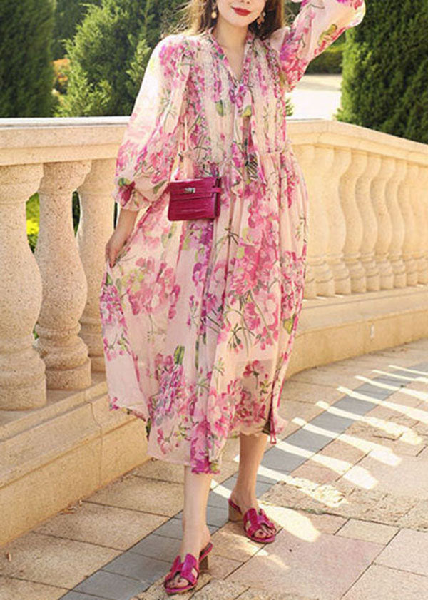 Floral Print Lace Trim Tie Neck Lantern Sleeve Chiffon Maxi Dress - View 4
