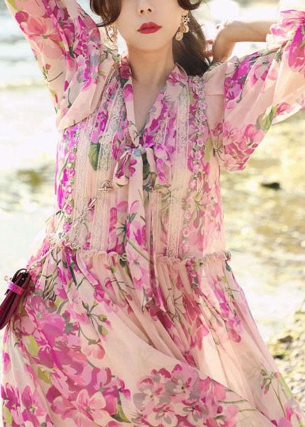 Floral Print Lace Trim Tie Neck Lantern Sleeve Chiffon Maxi Dress - View 5