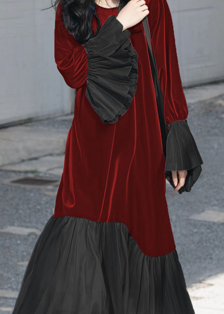Velvet Crew Neck Balloon Cuff Pleated Hem A-Line Maxi Dress