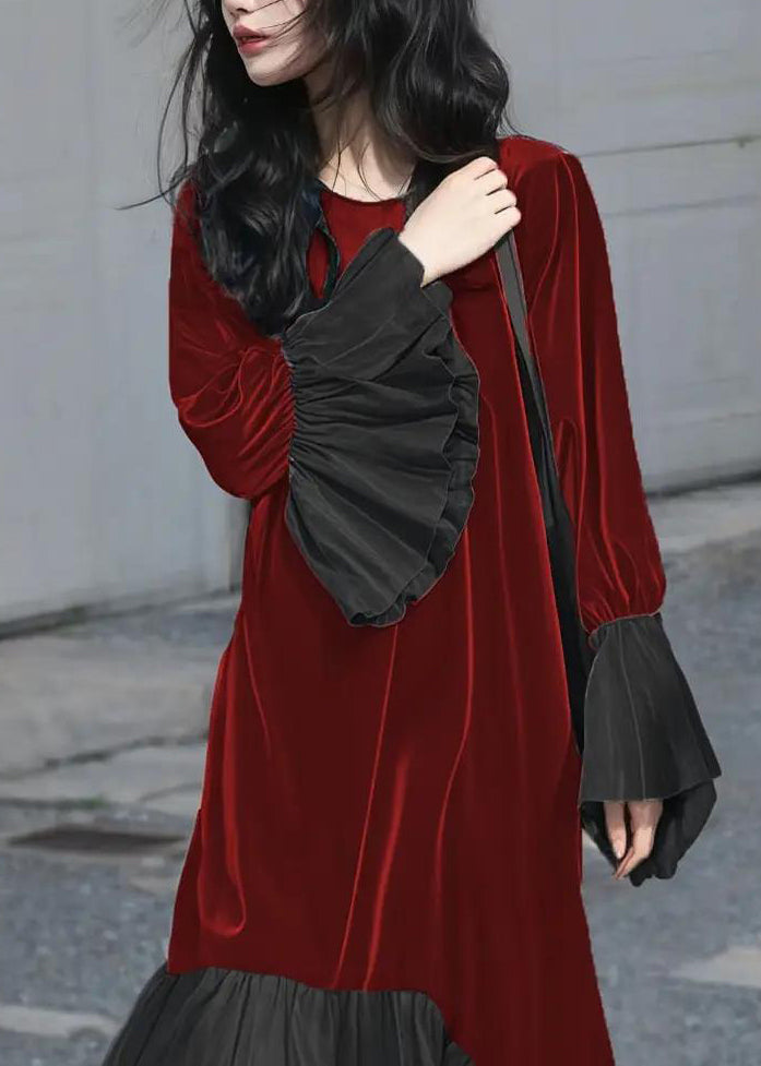 Velvet Crew Neck Balloon Cuff Pleated Hem A-Line Maxi Dress - View 2