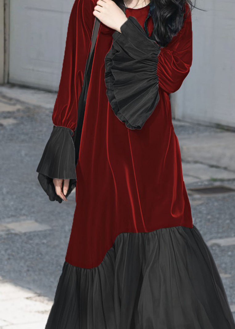 Velvet Crew Neck Balloon Cuff Pleated Hem A-Line Maxi Dress - View 3