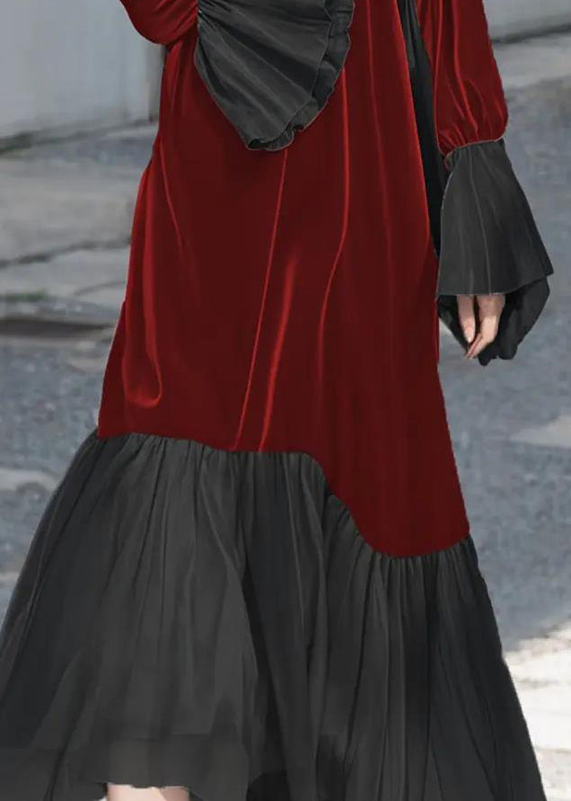 Velvet Crew Neck Balloon Cuff Pleated Hem A-Line Maxi Dress - View 5
