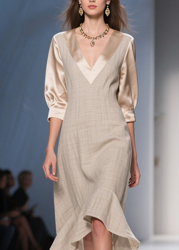 Deep V-Neck Puff Sleeve Woven A-Line Tiered Flounce Midi Dress - View 2