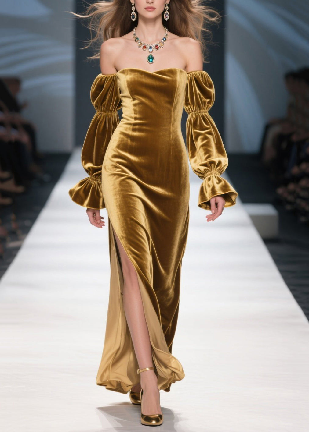 Velvet Off Shoulder Tiered Bishop Sleeve High Split Maxi Gown - View 3