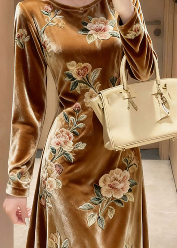 Unique Yellow O-Neck Embroidered Floral Silk Velvet Maxi Dresses Fall - View 3