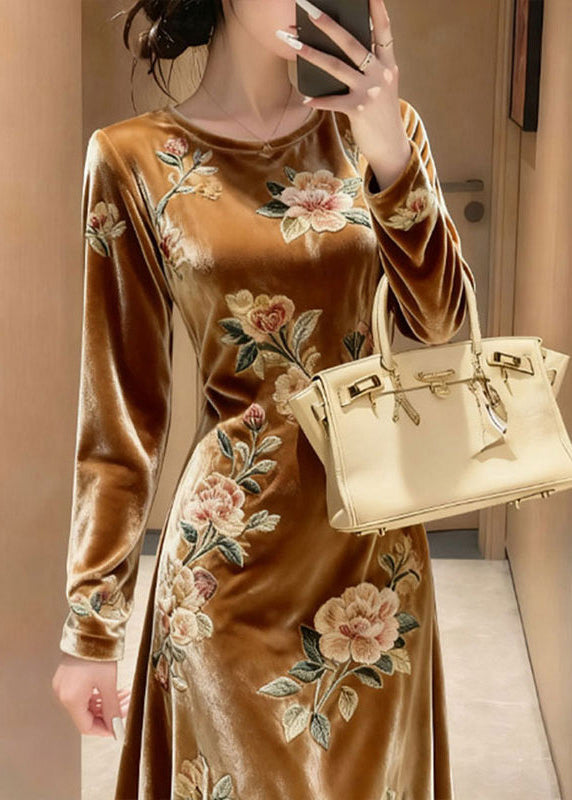 Unique Yellow O-Neck Embroidered Floral Silk Velvet Maxi Dresses Fall - View 4