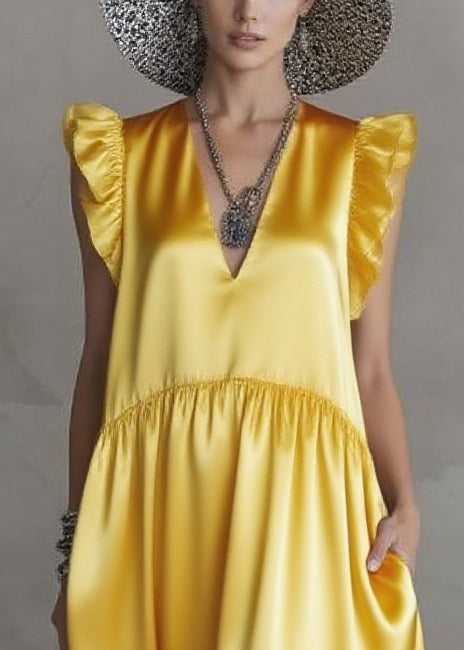Satin V-Neck Cap Sleeve Tiered Bubble Hem Pocket Maxi Dress - View 2