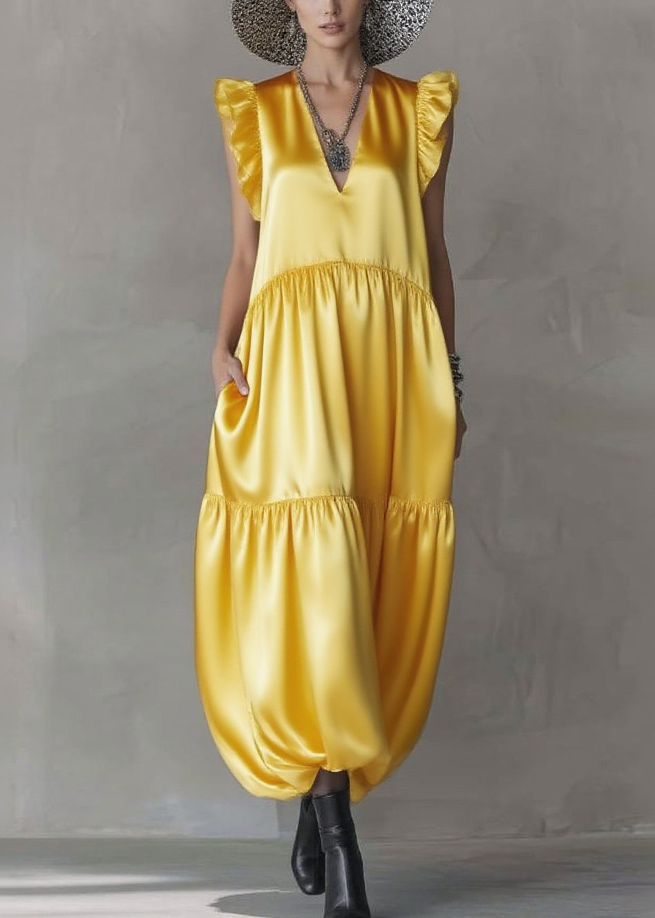 Satin V-Neck Cap Sleeve Tiered Bubble Hem Pocket Maxi Dress - View 3