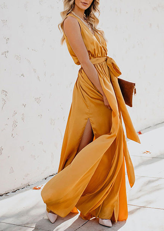 Satin Wrap V-Neck Sleeveless Tie Waist High Split Maxi Gown - View 4