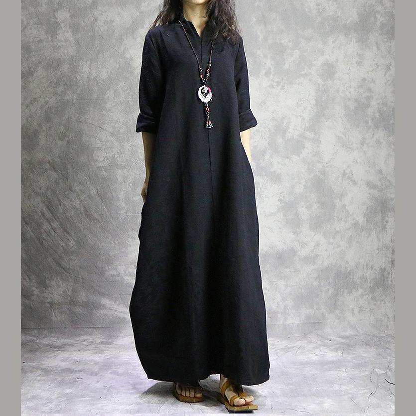 Linen Look Mandarin Collar V-Neck Cocoon Long Sleeve Maxi Dress - View 2