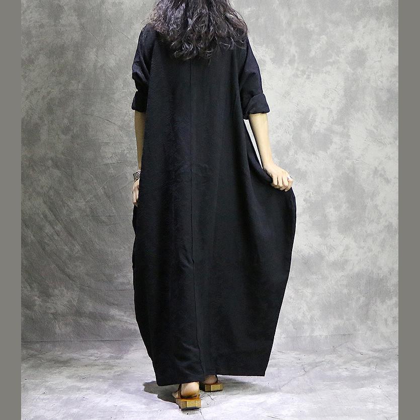 Linen Look Mandarin Collar V-Neck Cocoon Long Sleeve Maxi Dress - View 4