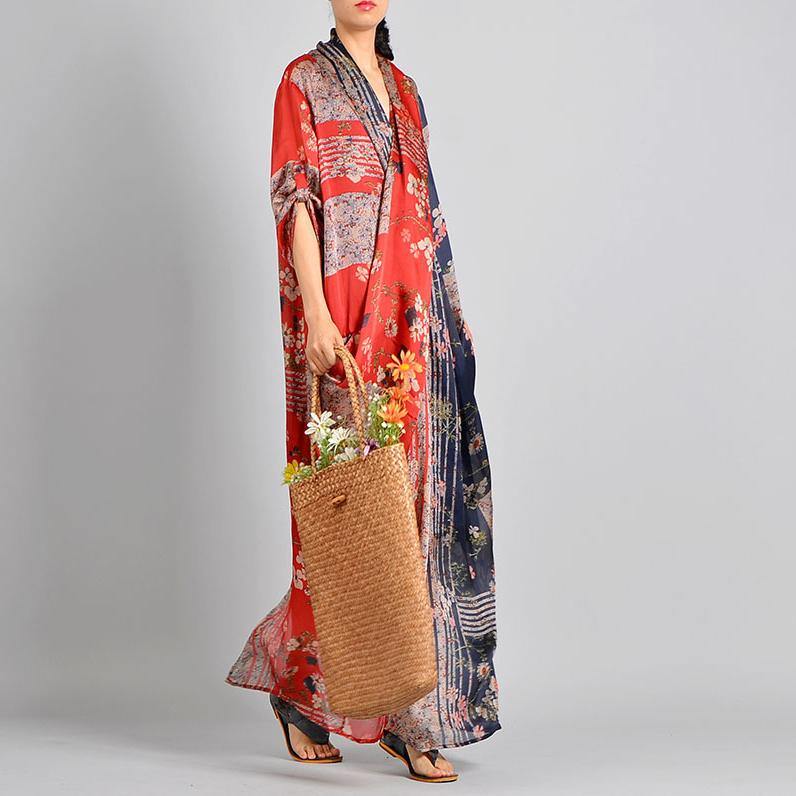 Floral Patchwork Deep V-Neck Kimono Sleeve Wrap Front Maxi Dress - View 3